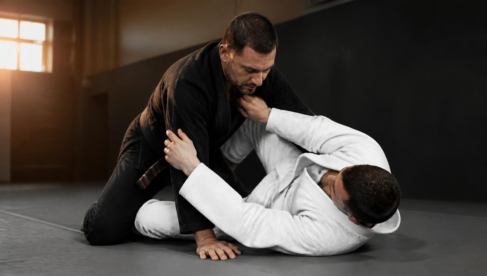 Professor faixa-preta ensinando técnica de Jiu-Jitsu a um aluno iniciante