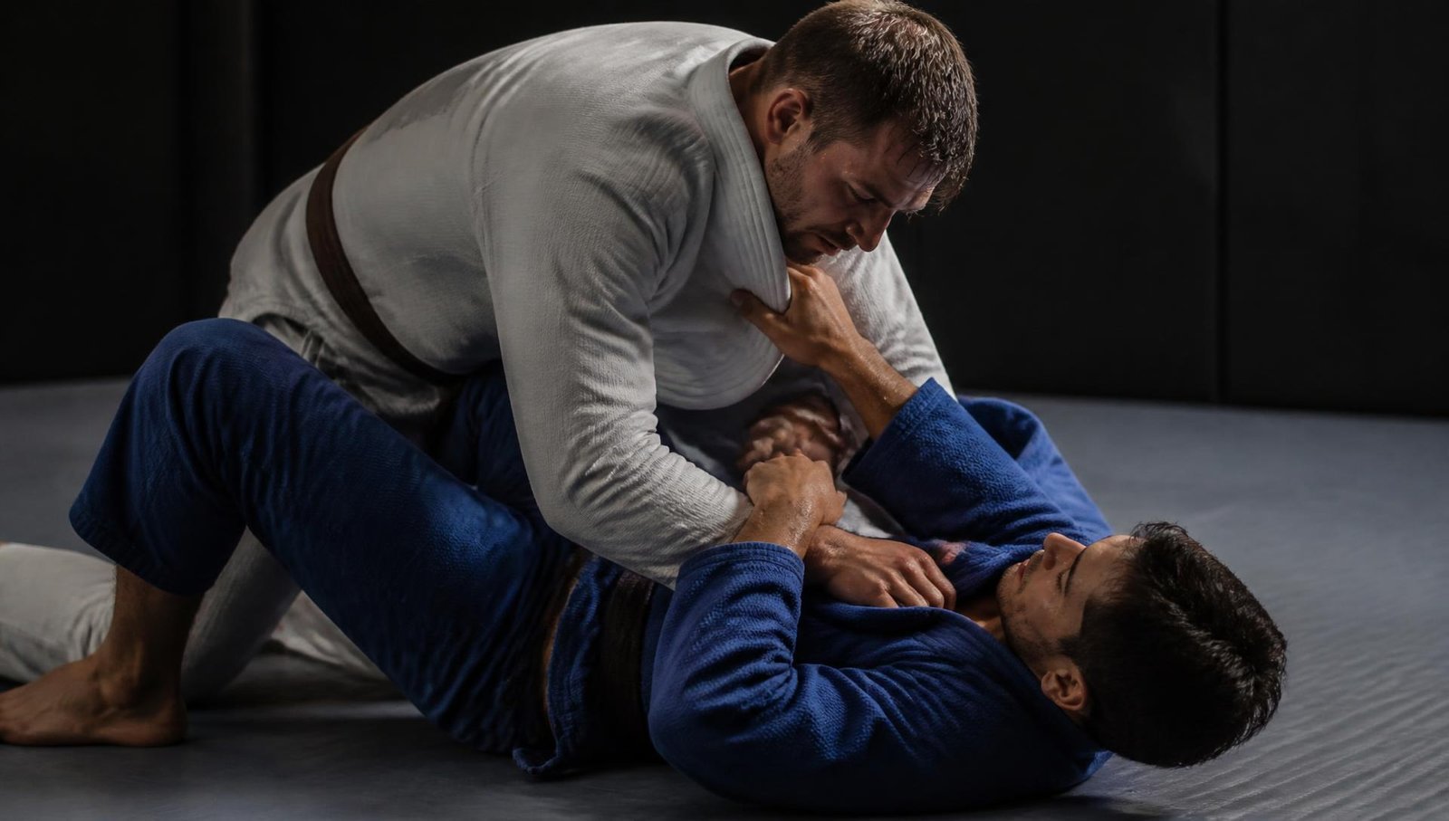 Atletas de Jiu-Jitsu em passagem de guarda no solo