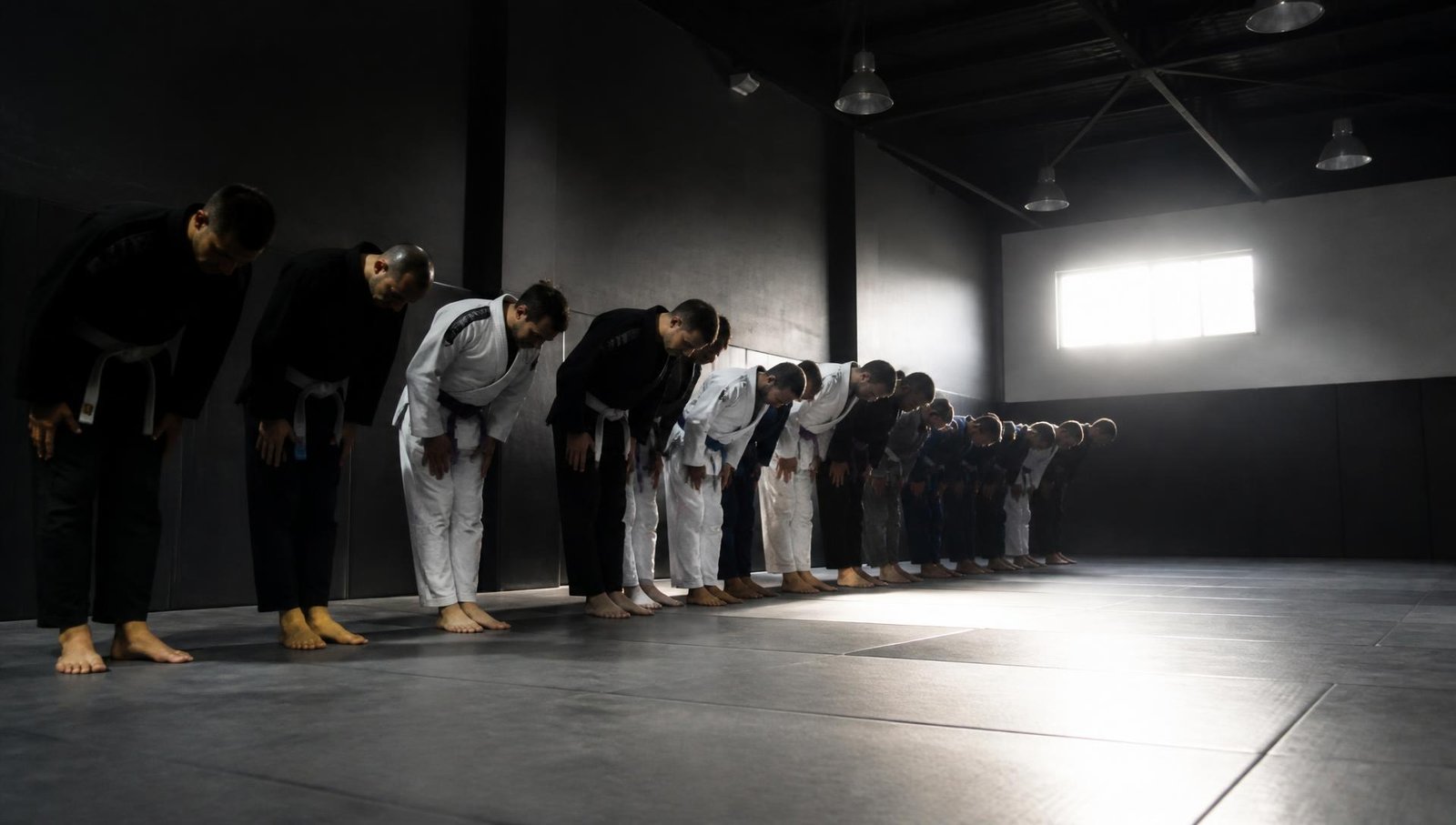 Turma de Jiu-Jitsu enfileirada em saudação no início do treino