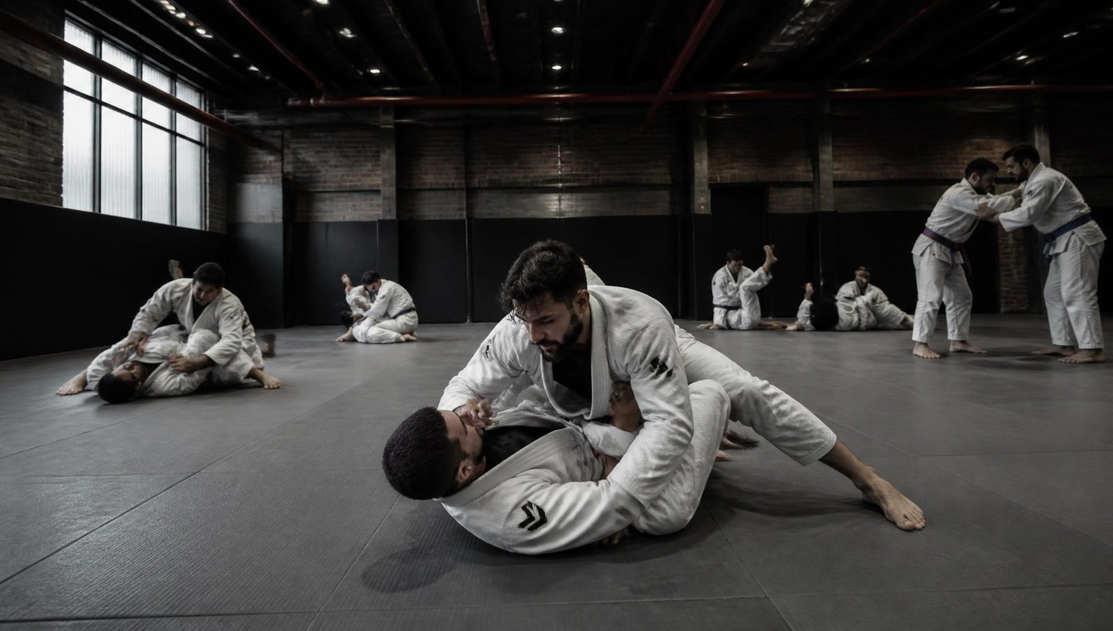 Equipe de Brazilian Jiu-Jitsu treinando em duplas em academia ampla