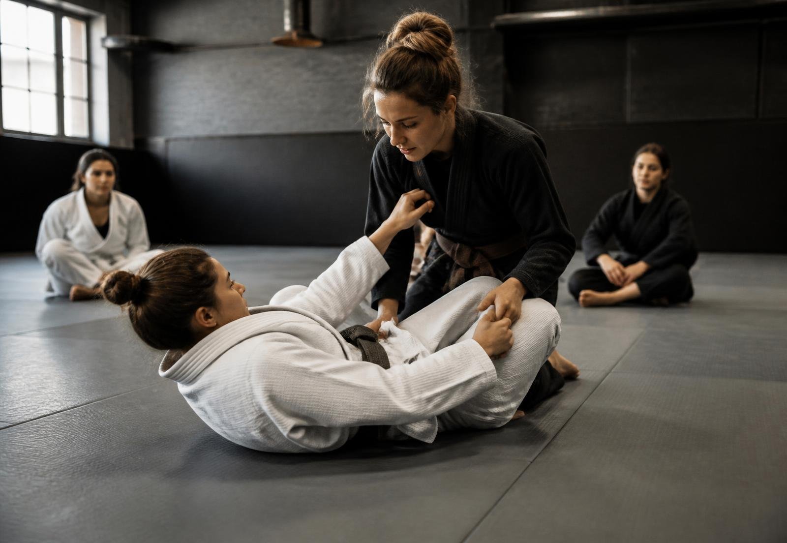 Mulheres treinando técnica de Brazilian Jiu-Jitsu no tatame